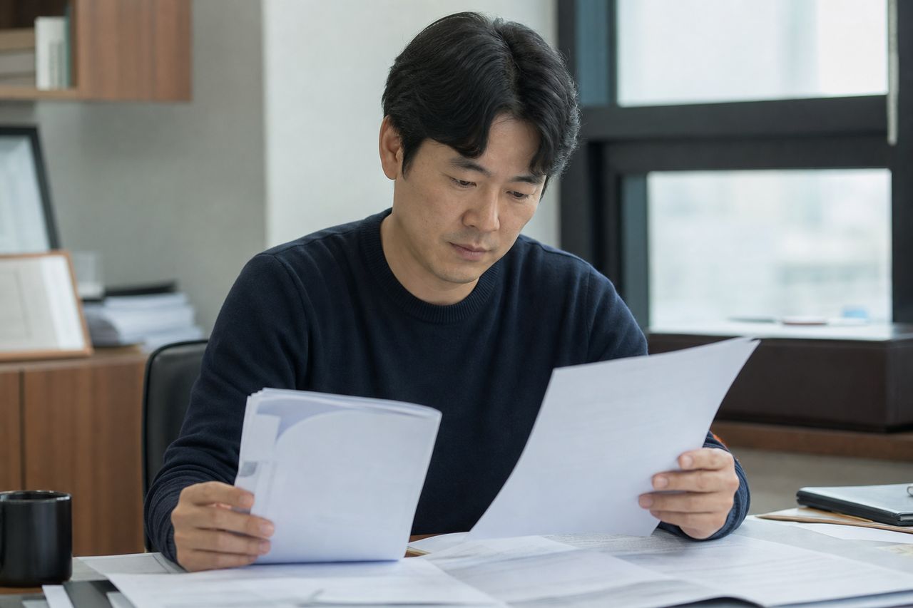 비혼 1인 가구 월세 거주 32세 J씨, 집주인이 '전세→월세 전환' 강요하며 보증금 돌려주지 않는다 — 보증금 반환청구 소장 제출 전 48시간 내 할 일 4가지 관련 상황을 보여주는 이미지 — 서류를 검토하는 모습