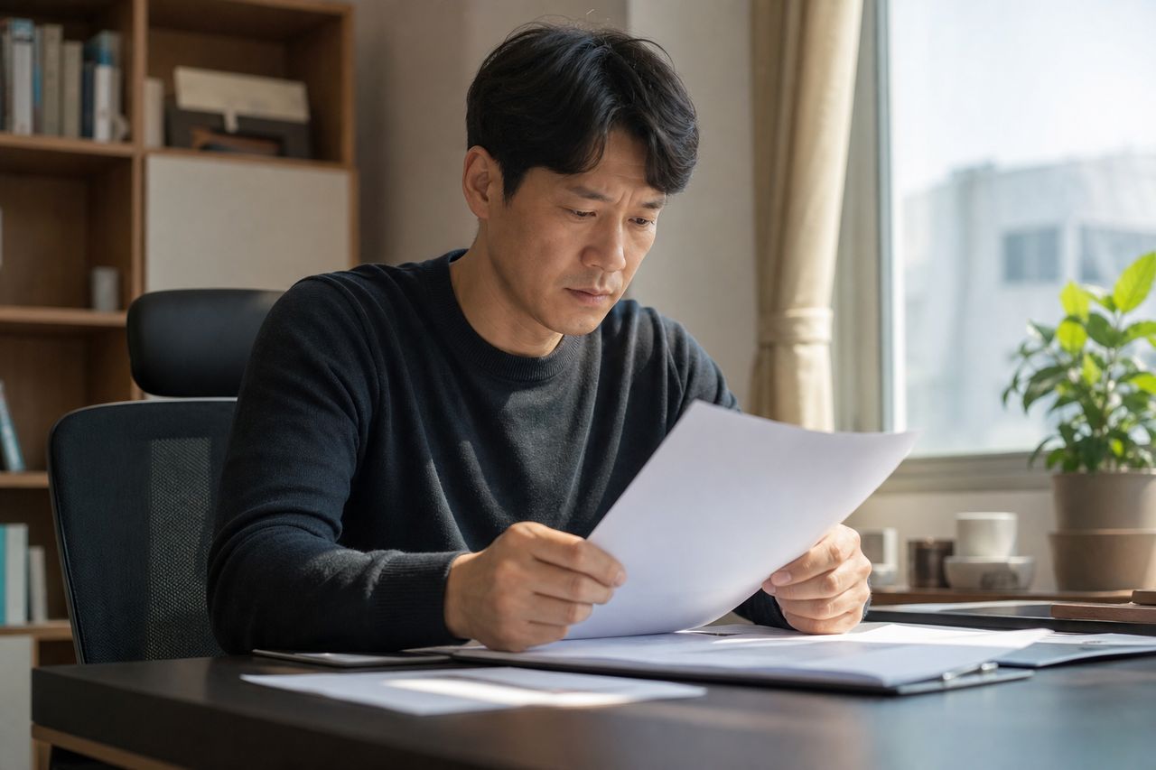 재개발 현금청산 통보서 받았는데 '청산 대상자인지 몰랐다' — 2026.2.3 도시정비법 시행령 개정 후 이의 제기 가능 기간과 협의 거부 시 수용재결까지 가는 타임라인 관련 상황을 보여주는 이미지 — 서류를 검토하는 모습