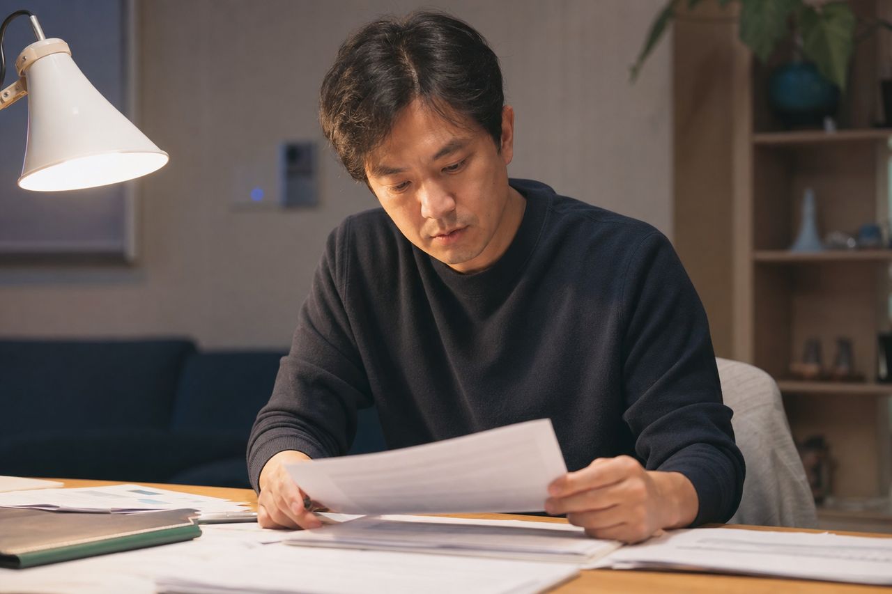 빌려주고 못 받는 돈의 종류 - 도박자금,성매매자금,불법자금,시효지난돈 등등 관련 상황을 보여주는 이미지 — 서류를 검토하는 모습