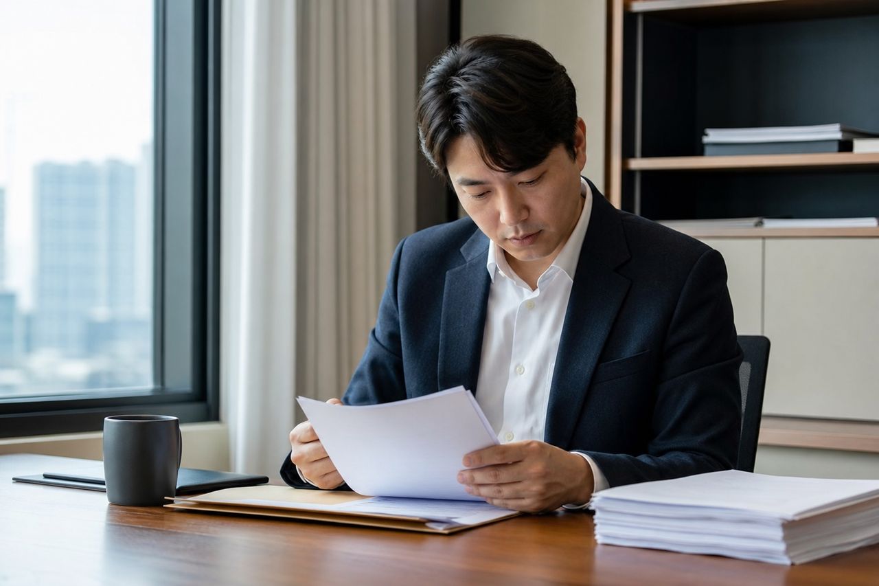 가맹점주 승소했지만 돈 제대로 못 받는다? 피자헛 차액가맹금 판결 後 관련 상황을 보여주는 이미지 — 서류를 검토하는 모습